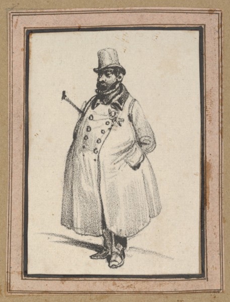 Man wearing a coat and a hat with a cane under his arm, mid-19th century.