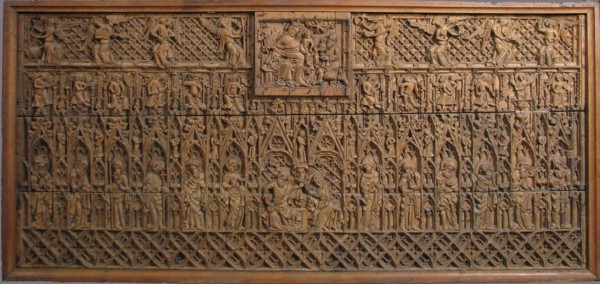 Altar Frontal, British, late 14th century. The Epiphany, or Adoration of the magi (above), and the Coronation of the Virgin (below), with twelve apostles standing to either side among angels.