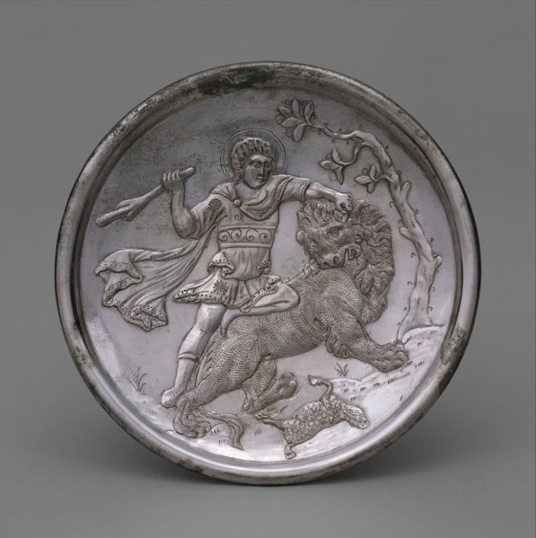 Plate with David Slaying a Lion, Byzantine, 629-630. In order to prove that he can kill Goliath, David describes to Saul how he killed a lion (1 Samuel 17:34-37).