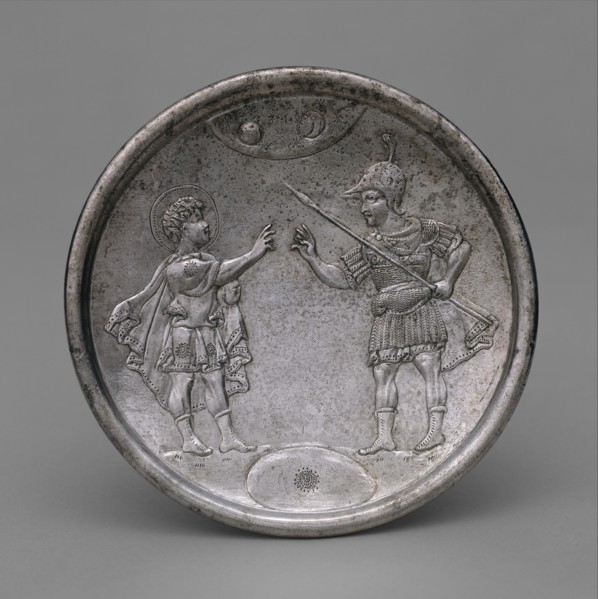 Plate with David's Confrontation with Eliab, Byzantine, 629-630.  Eliab, accusing David of neglecting his duty as a shepherd to watch the battle with Goliath (1 Samuel 17:28-30).
