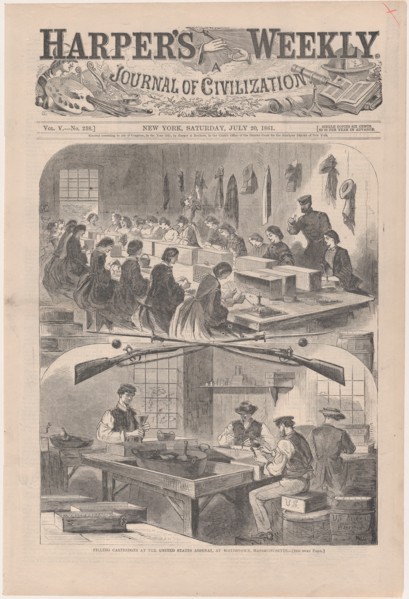 Filling Cartridges at the United States Arsenal, at Watertown, Massachusetts (Harper's Weekly, Vol. V), July 20, 1861.