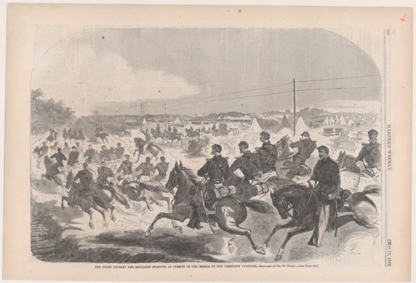 The Union Cavalry and Artillery Starting in Pursuit of the Rebels up the Yorktown Turnpike (Harper's Weekly, Vol. VI), May 17, 1862.
