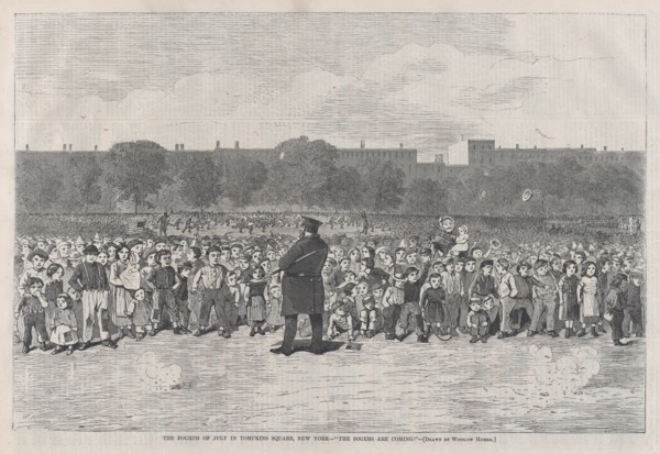 The Fourth of July in Tompkins Square, New York - "The Sogers Are Coming" (Harper..., July 11, 1868. Creator: Unknown.