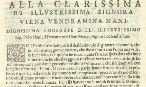 Corona delle Nobili et Virtuose Donne: Libro I-IV, page 2 (recto), 1601. [Dedication to Viena Vendramina Nani, consort of Polo Nani, procurator of San Marco].