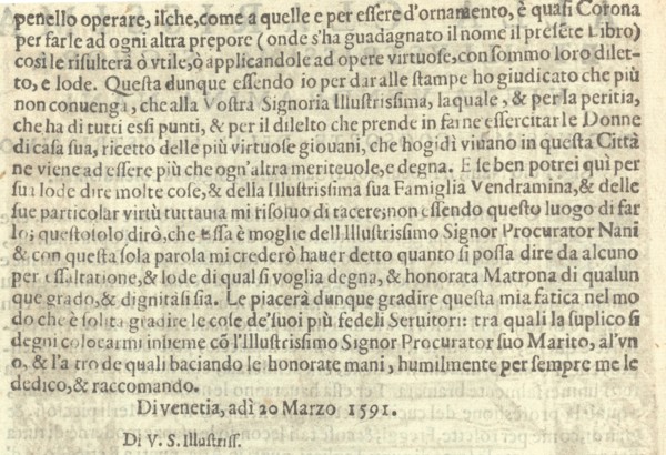 Corona delle Nobili et Virtuose Donne: Libro I-IV, page 2 (verso), 1601.