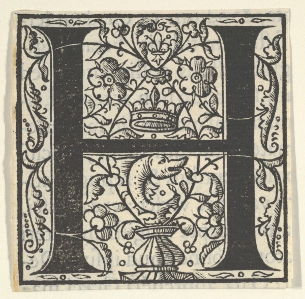 Initial letter H with dolphin and crown, mid-16th century.