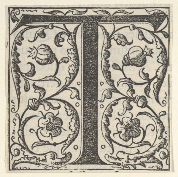 Initial letter T with garlands, mid-16th century.