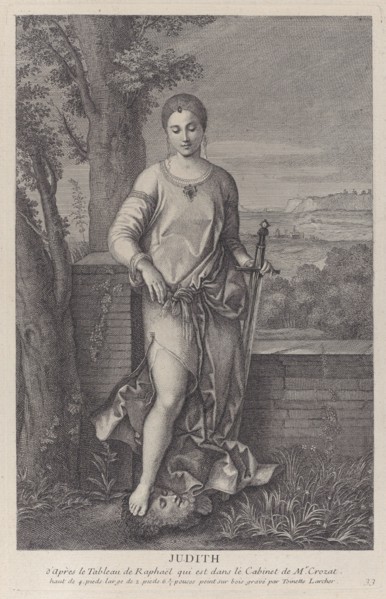 Judith standing with her foot on the head of Holofernes