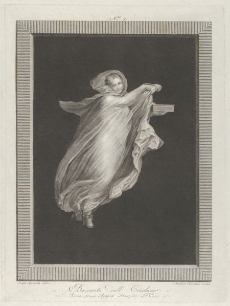 A bacchante wearing a hooded shawl and holding a box in her left hand