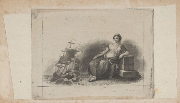 Banknote vignette with female figure representing marine commerce