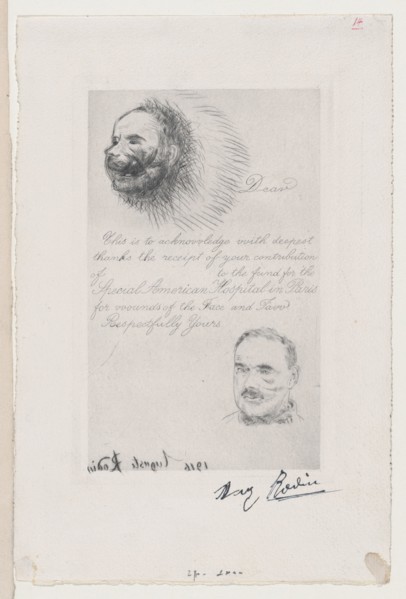 Contribution Receipt of the Special American Hospital in Paris for Wounds of the Face and ...