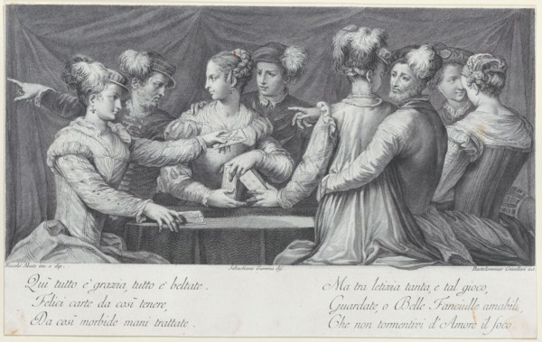 A group of elegantly dressed people playing cards