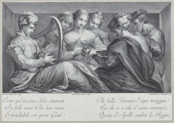 A group of elegantly dressed people playing the harp and a guitar
