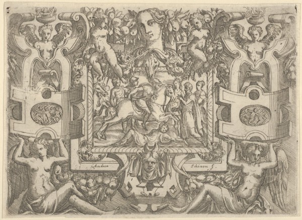 Figure on horseback holding a sword and riding over a figure lying on the ground