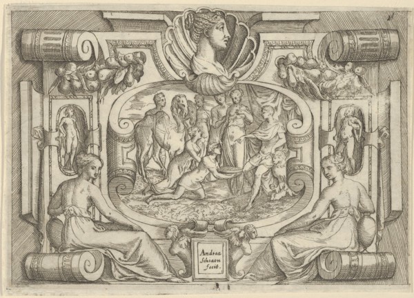 A man and woman offering a platter of coins to a king seated on a throne