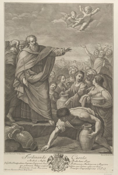 Moses at left with the Israelites who gather manna as it falls from the sky