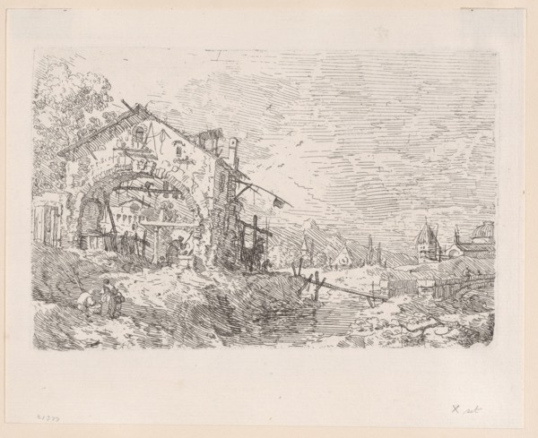 Woman drawing water from a well beneath an arcade at left