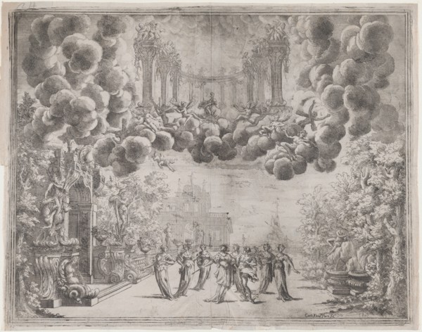 Stage design with allegorical figures; from 'L'Idea di tutti le perfezioni ... Piacenz...