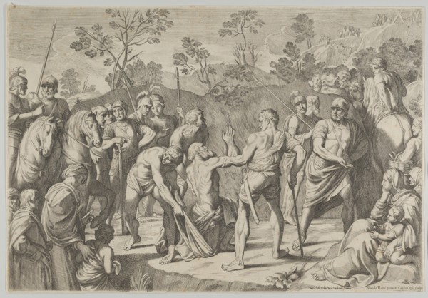 Saint Andrew kneeling in prayer as he is led to the cross