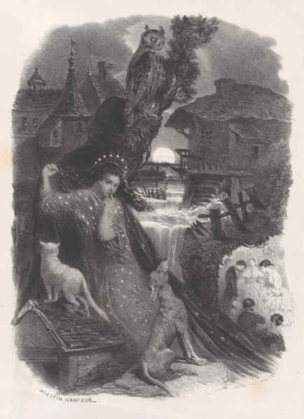 Night; vignette of girl in 18th century costume picking roses on verso