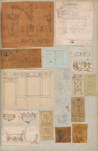 Page from a Scrapbook containing Drawings and Several Prints of Architecture