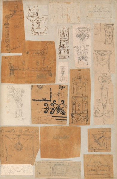 Page from a Scrapbook containing Drawings and Several Prints of Architecture