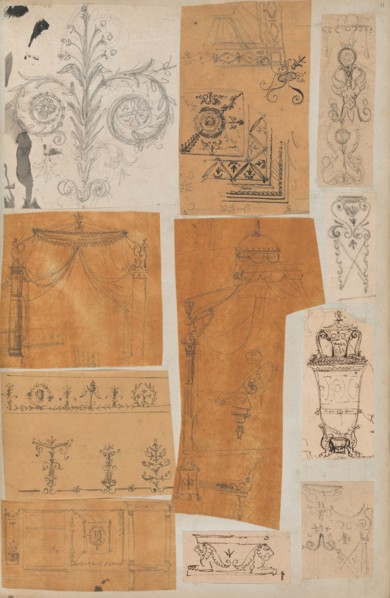 Page from a Scrapbook containing Drawings and Several Prints of Architecture