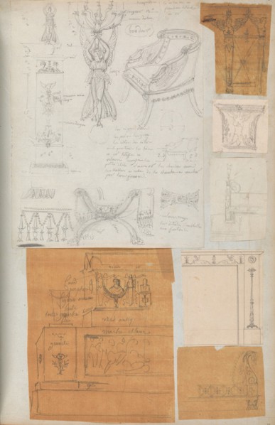 Page from a Scrapbook containing Drawings and Several Prints of Architecture