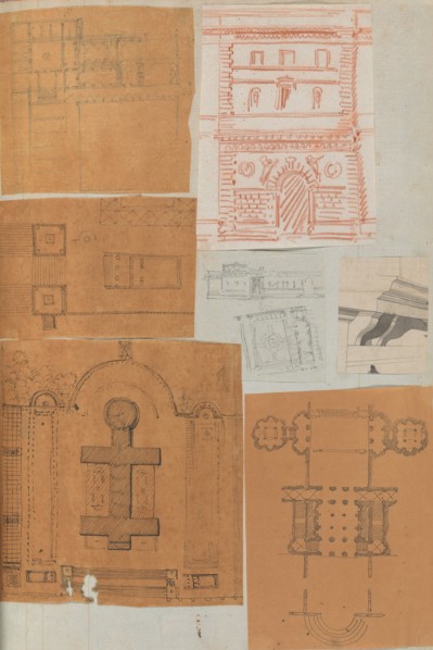 Page from a Scrapbook containing Drawings and Several Prints of Architecture