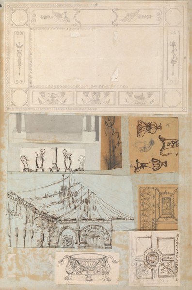 Page from a Scrapbook containing Drawings and Several Prints of Architecture