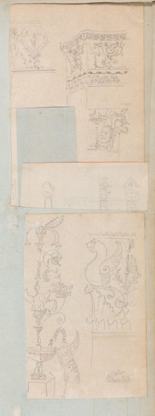 Page from a Scrapbook containing Drawings and Several Prints of Architecture