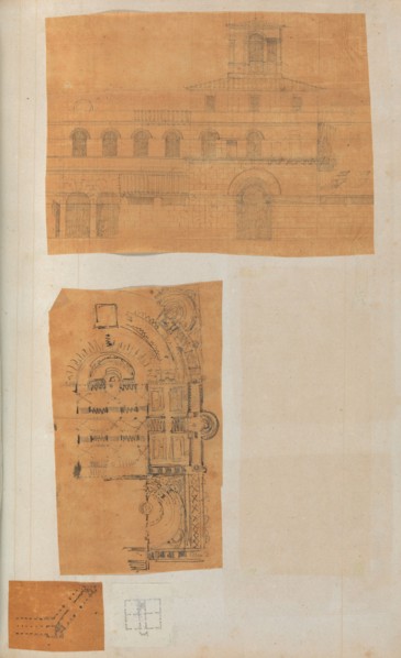Page from a Scrapbook containing Drawings and Several Prints of Architecture