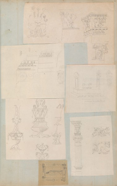 Page from a Scrapbook containing Drawings and Several Prints of Architecture