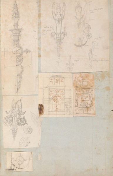 Page from a Scrapbook containing Drawings and Several Prints of Architecture