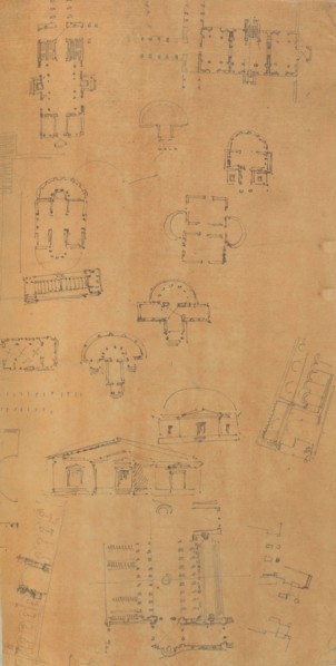 Page from a Scrapbook containing Drawings and Several Prints of Architecture