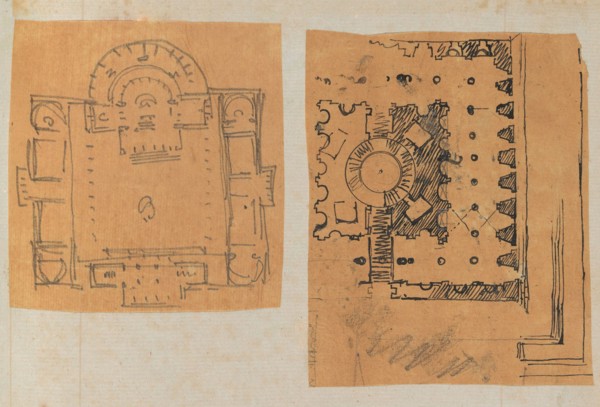 Page from a Scrapbook containing Drawings and Several Prints of Architecture