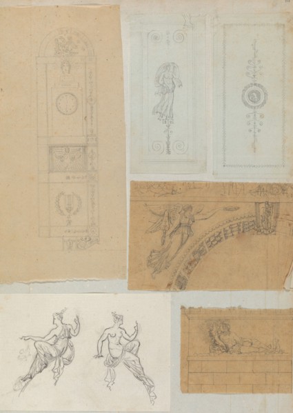 Page from a Scrapbook containing Drawings and Several Prints of Architecture