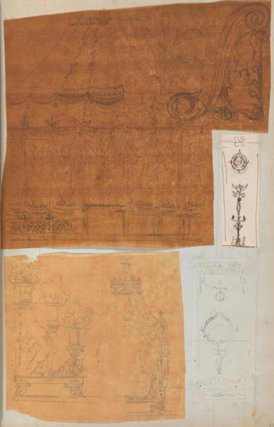 Page from a Scrapbook containing Drawings and Several Prints of Architecture