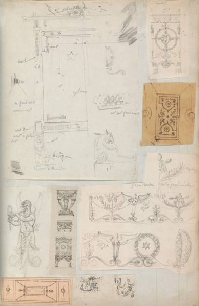 Page from a Scrapbook containing Drawings and Several Prints of Architecture