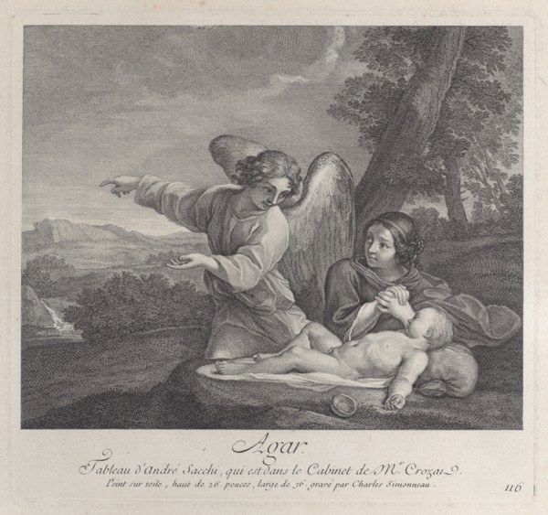 The angel appearing to Hagar in the wilderness as she folds her hands next to the sleep...
