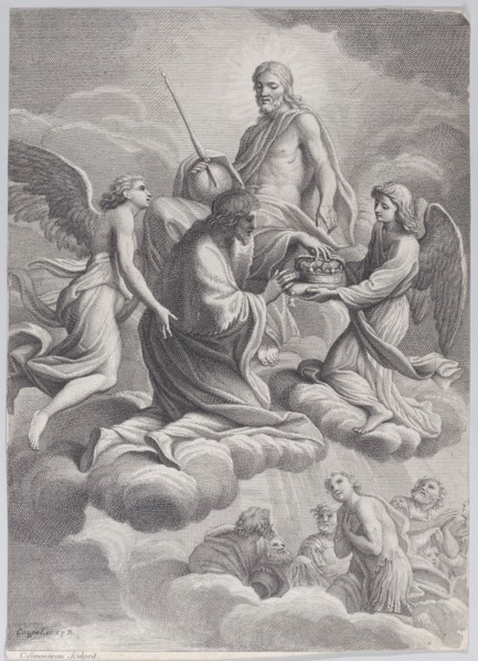 Saint Louis of France received into heaven by Christ and two angels who offer him the c...