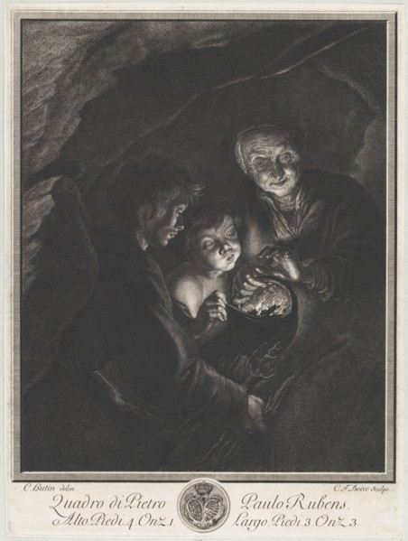 Night scene in a cave with an old woman holding burning coals in a pot
