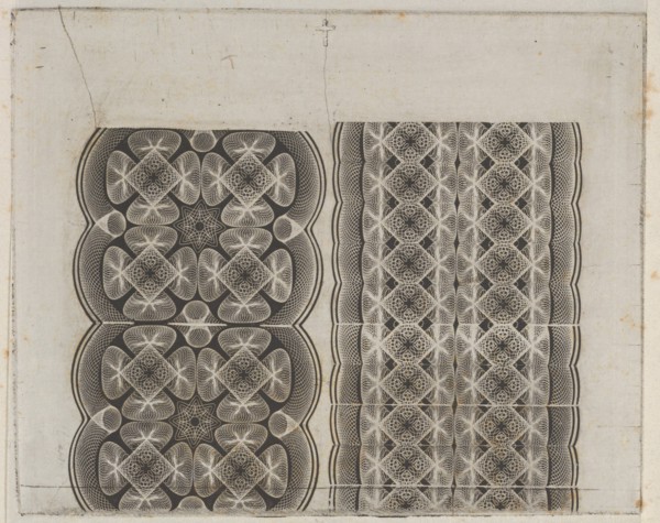 Banknote motifs: two bands of lace-like lathe work ornament