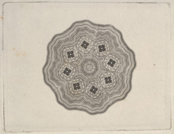 Banknote motif: rounded ornamental lathe work design with a wavy edge