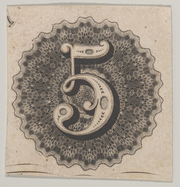 Banknote motif: number 5 against a circular panel of lace-like lathe work with a sc...