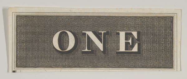 Banknote motif: the word ONE against a rectangle of ornamental basket-like lathe wo...