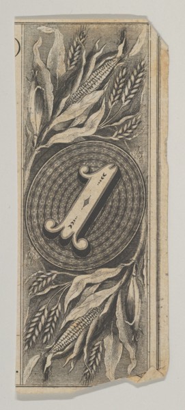 Banknote motif: the number 1 against an oval of woven lathe work