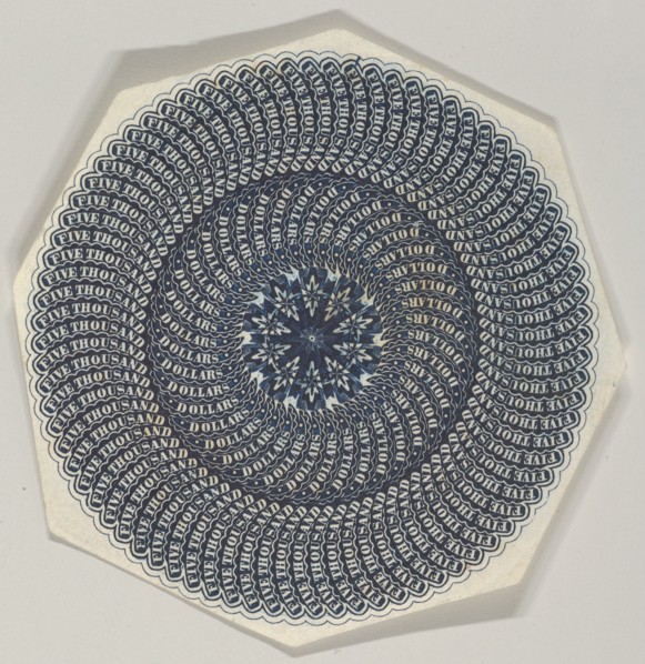 Banknote motif: a circular lathe work design composed out of the repetition of the ...