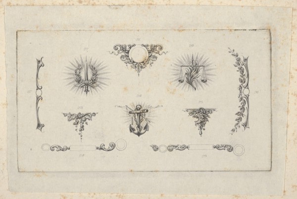Banknote motif: ten different ornamental lathe work elements including a disk embel...