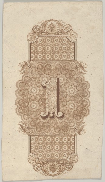 Banknote motif: ornamental number 1 against a panel of lathe work elements